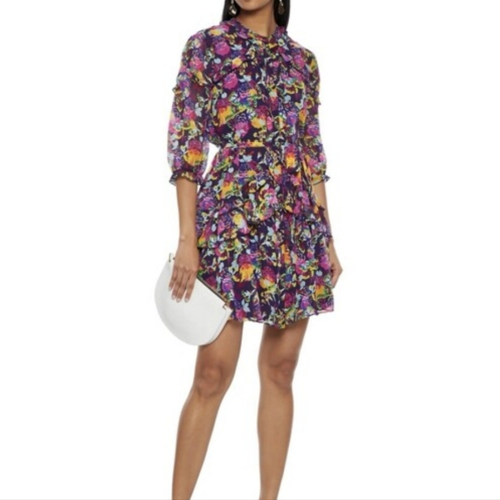 SALONI Tilly Ruffle Floral Print Silk Belted Romantic Mini Dress Size 4